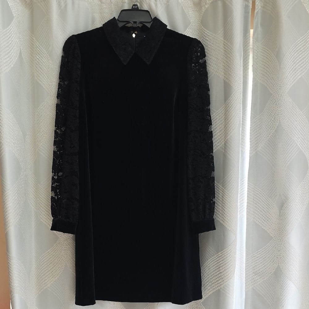 Draper James Black Velvet Dress with Lace Sleeves